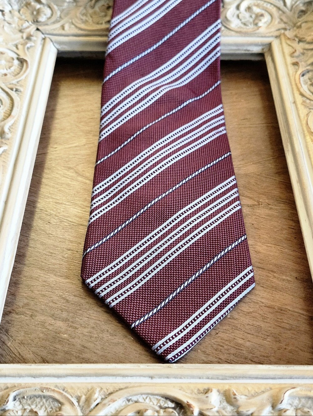 Vintage Ermenegildo Zegna Burgundy Silk Tie with Light Blue and Black Stripes